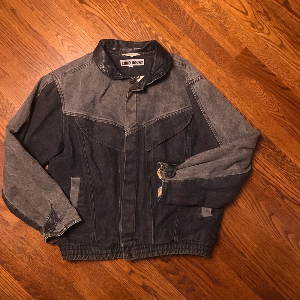 Vtg Land Rover Two Tone Black Denim Jean Jacket